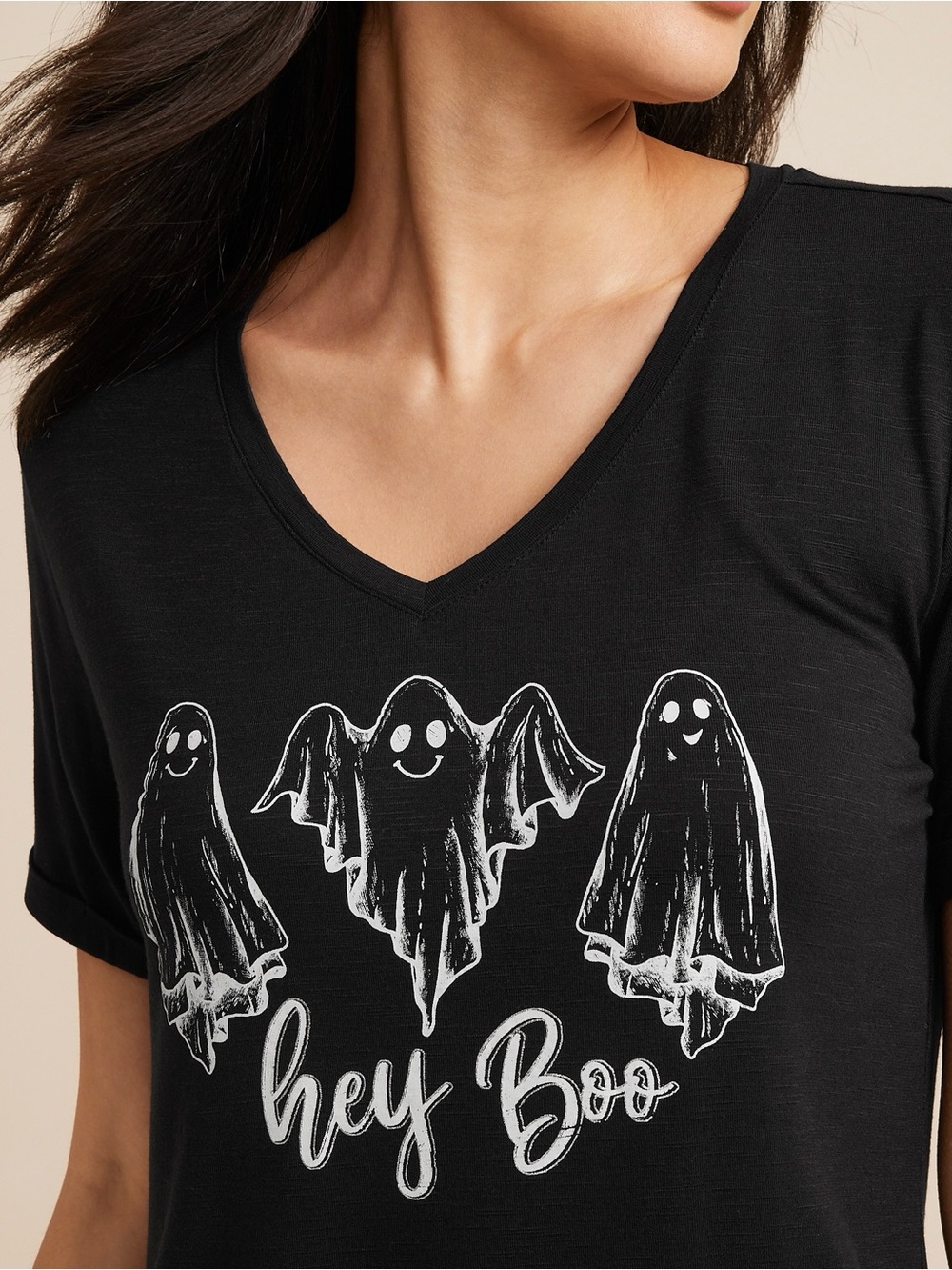 Maurices Hey Boo Halloween Ghost Graphic Tee Black V-neck Short Sleeve Large